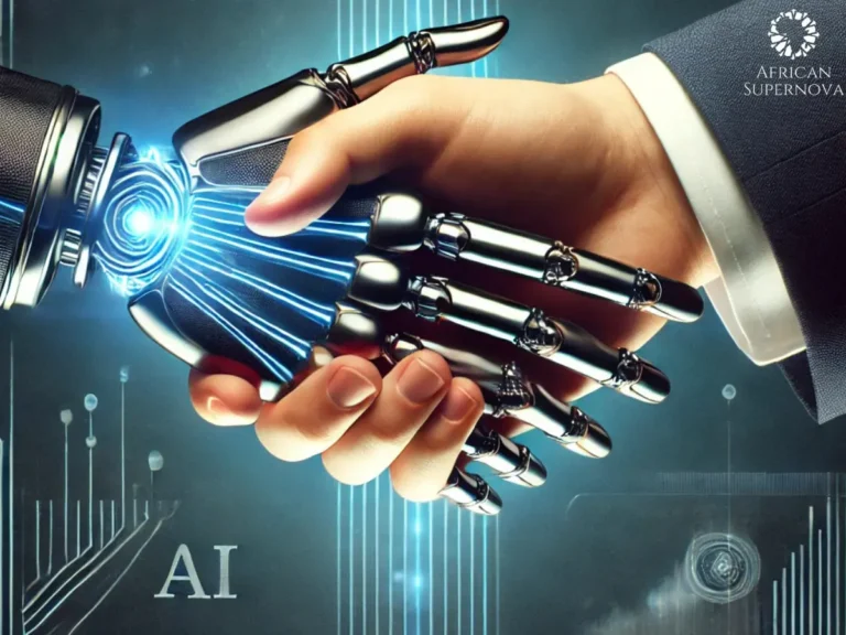 Illustration of a robotic hand shaking hands with a human hand, symbolizing Salesforce layoffs, corporate restructuring, and the AI shift in 2025. The background features a high-tech office with holographic data displays.